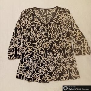 Sami & Jo Women’s Size 2XL V-Neck Black Gold White 3/4 sLVS Poly Top Blouse